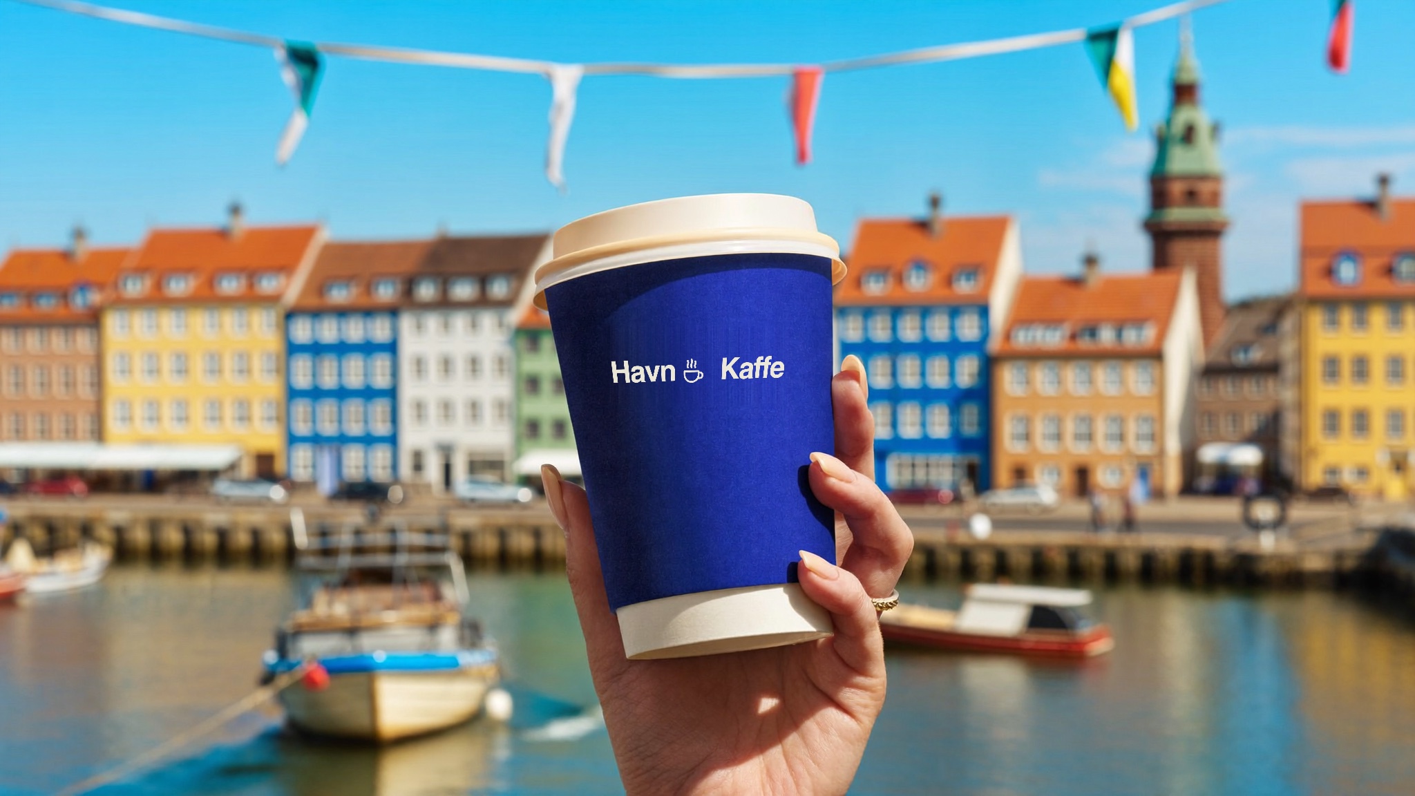 Чашка Havn Kaffe на фоне причала