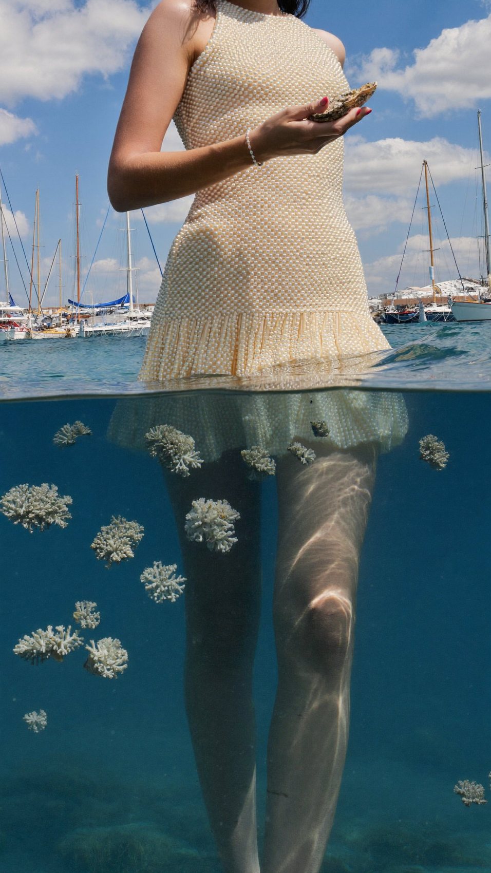 A woman in a pearl-beaded dress holds an oyster, harbour behind her, her legs underwater