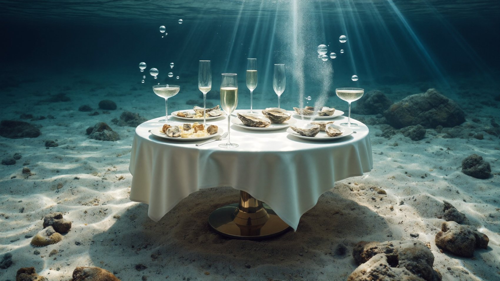 A table laid with oysters and champagne on the seabed, lit by rays of sun