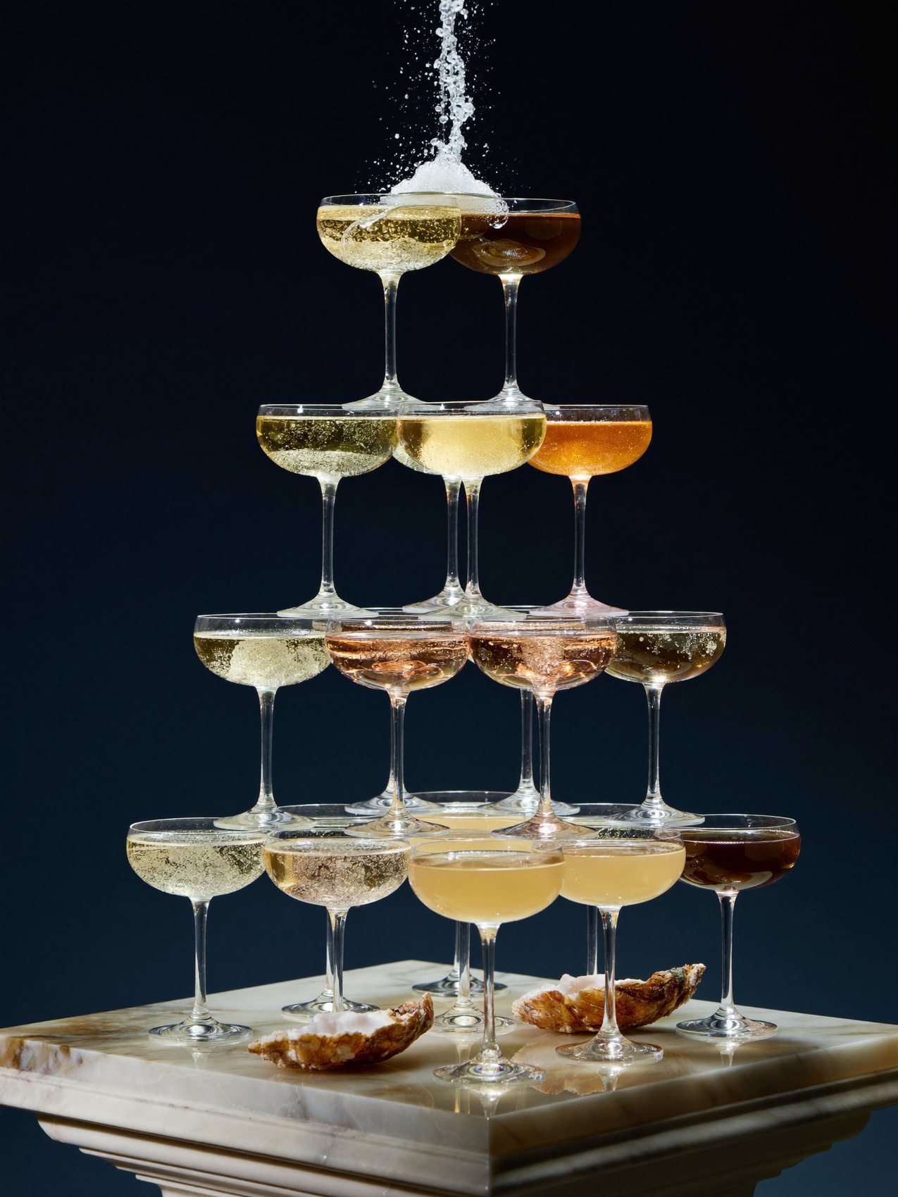 A tower of champagne coupes on a marble plinth in the dark
