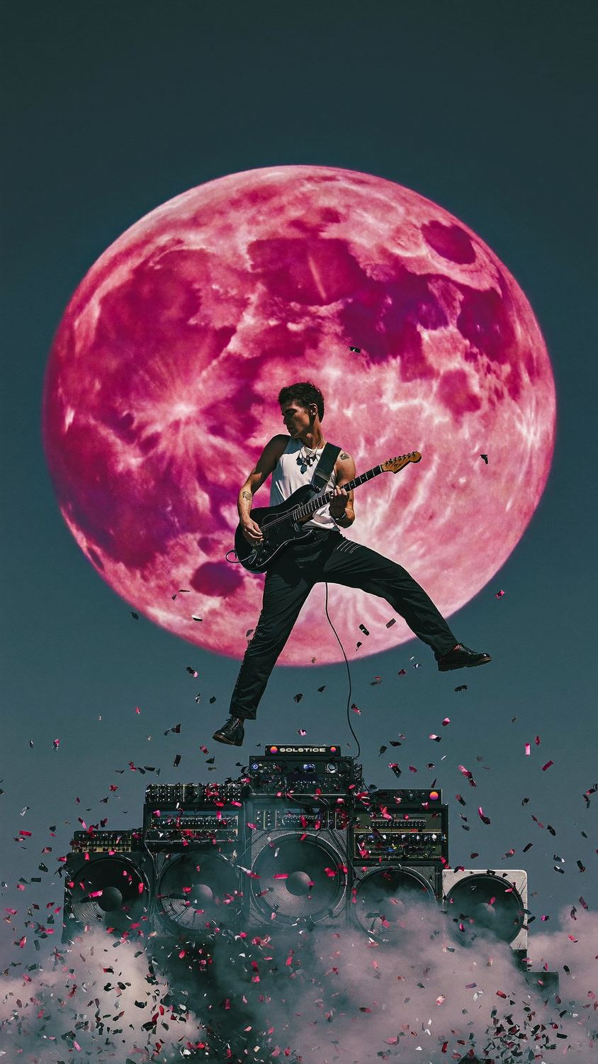 A guitarist leaps from a wall of amplifiers in front of a huge pink sun, confetti in the air. The amp head carries the SOLSTICE wordmark.