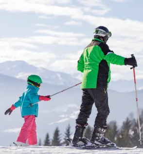 A parent and child skiing on a sunny slope