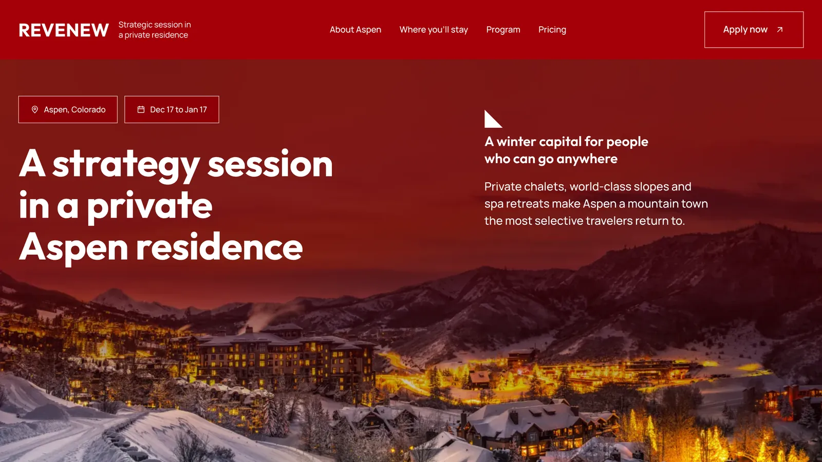 Aspen: first screen with the headline, dates and the Aspen evening photo