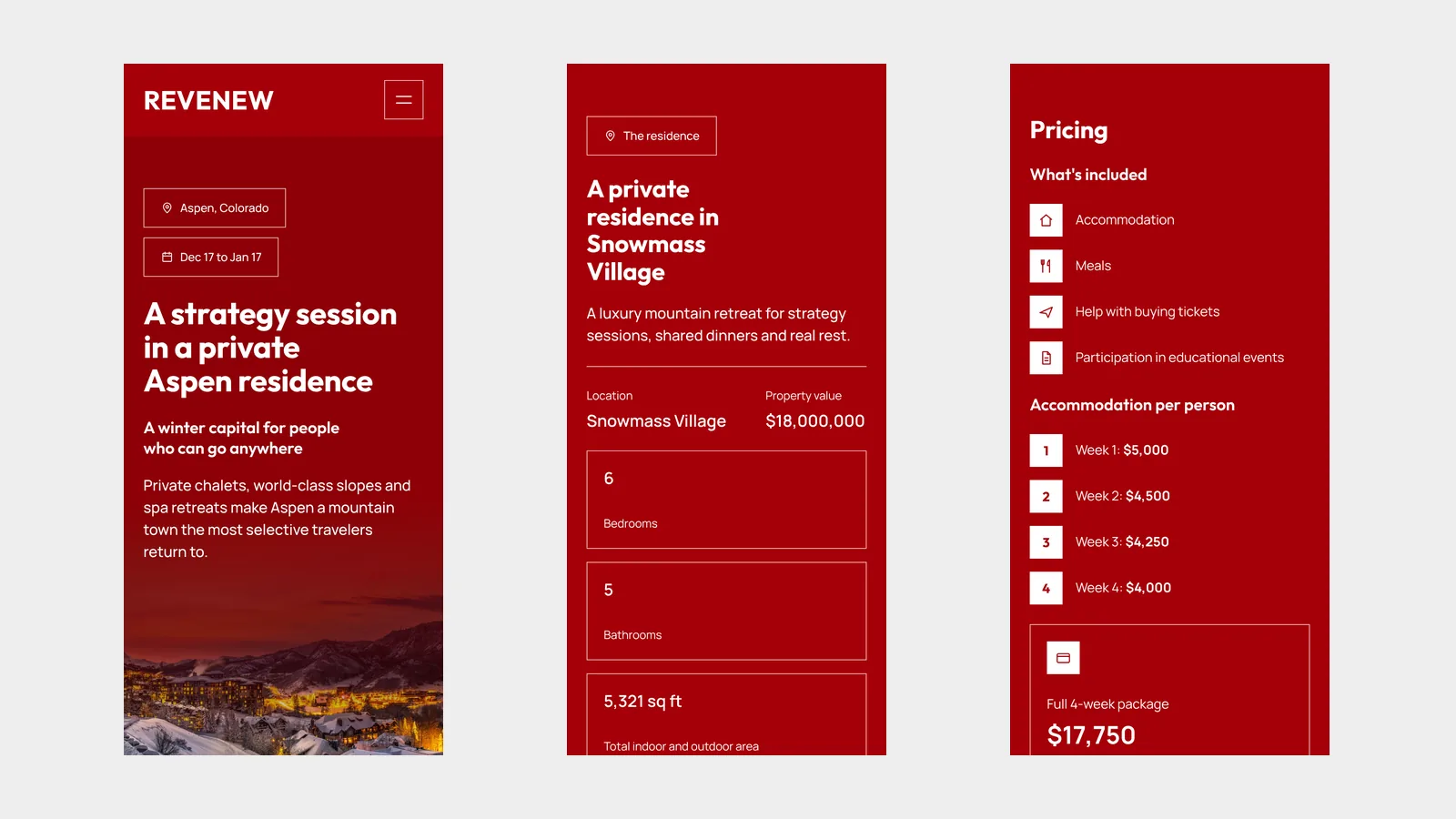 Aspen: Mobile version: hero, residence and pricing
