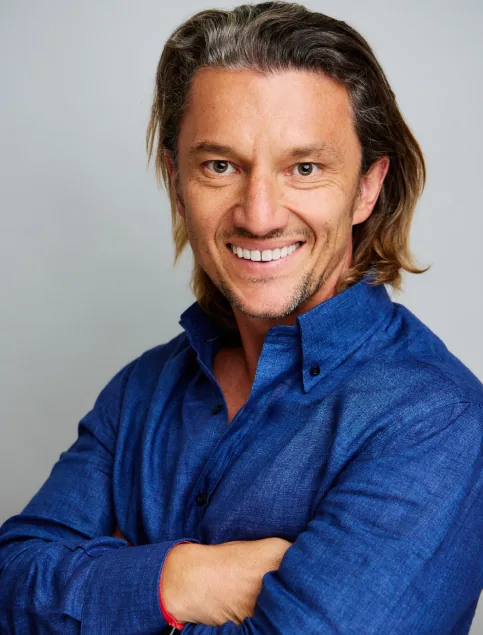 Portrait of Sergey Smelov in a blue linen shirt