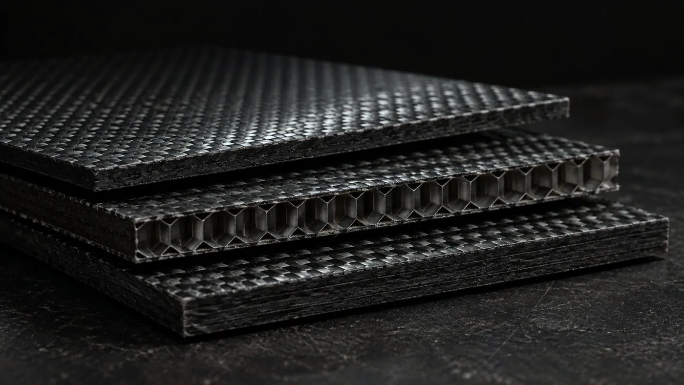 Stack of three carbon fiber panels, the middle one with a honeycomb core