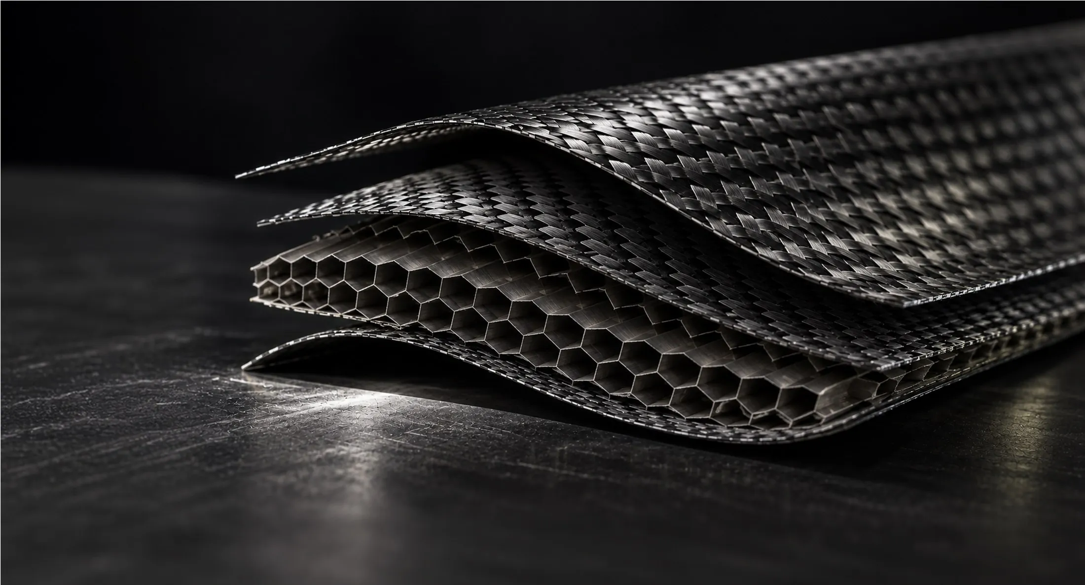 Cutaway of a layered composite: woven carbon surface, honeycomb core and base layer